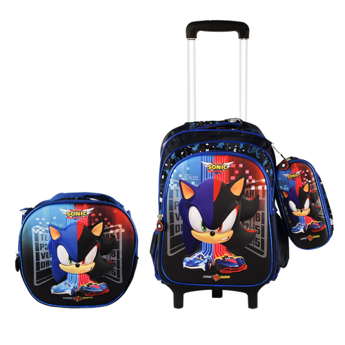 Sonic  3PCS Detachable Rolling Backpack for Boys With Lunch Bag Pencil Case 2Wheels Roll