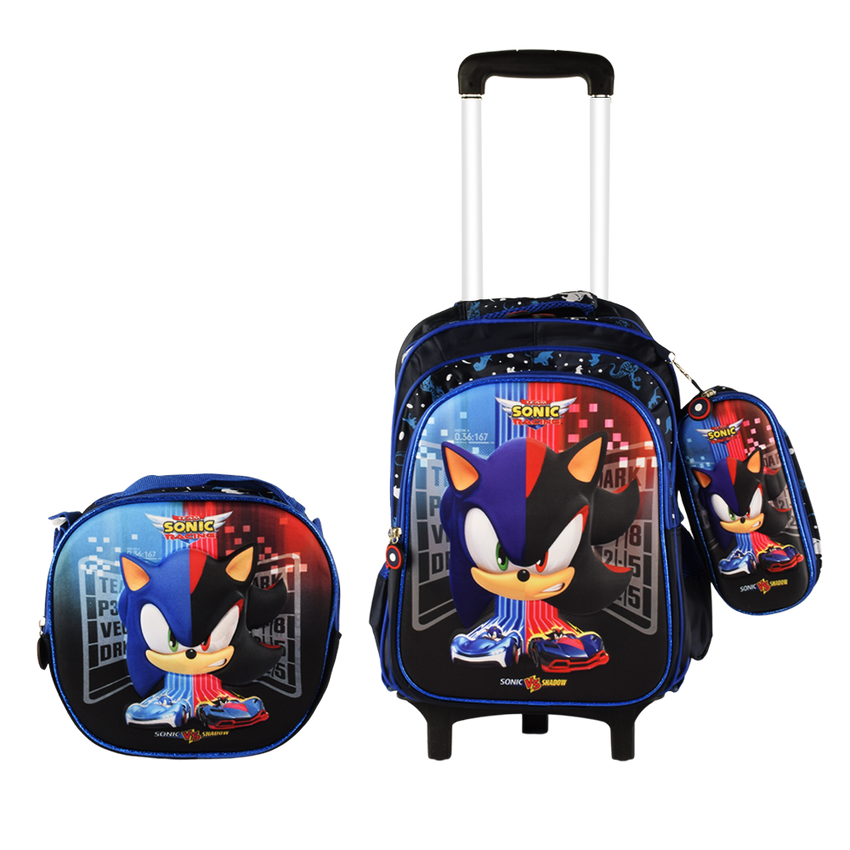 Sonic 3PCS Detachable Rolling Backpack for Boys With Lunch Bag Pencil Case 2Wheels Roll