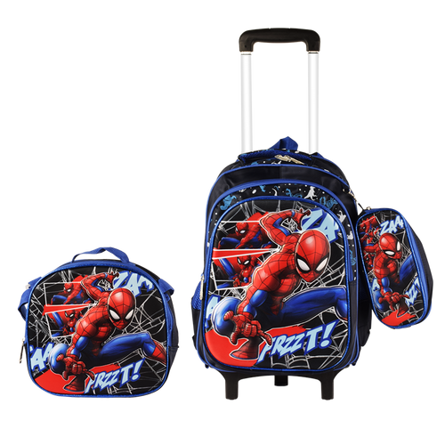 Spider Man 3PCS Detachable Rolling Backpack for Boys With Lunch Bag Pencil Case 2Wheels Roll