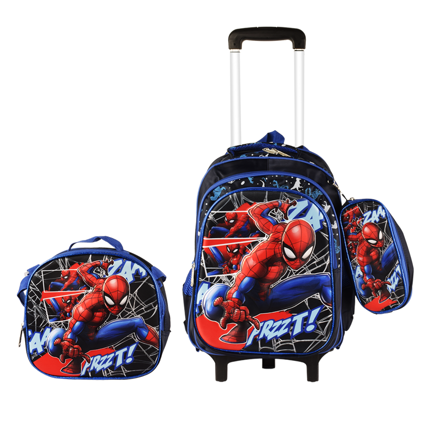 Spider Man 3PCS Detachable Rolling Backpack for Boys With Lunch Bag Pencil Case 2Wheels Roll