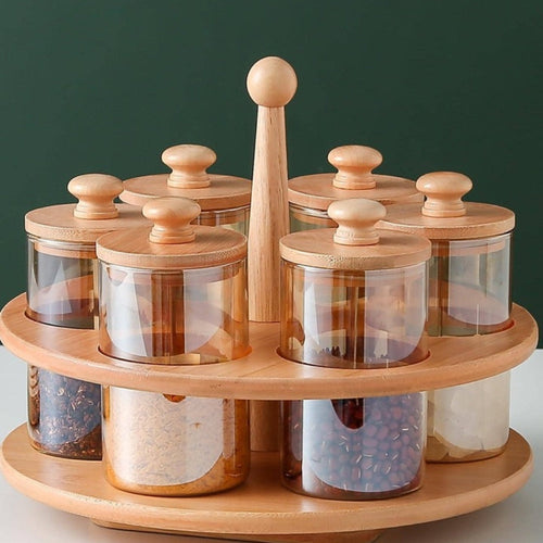 6pcsset Home Use Silicone Glass Bamboo Frame Round Shape Rotatable Spice Jar Set, Gold Plating