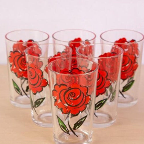 Vintage Mid Century Red Rose Clear Enamel Glass Juice Water Cups Floral Print Small Glass Cups Valentines Day Party Decor Set of 6