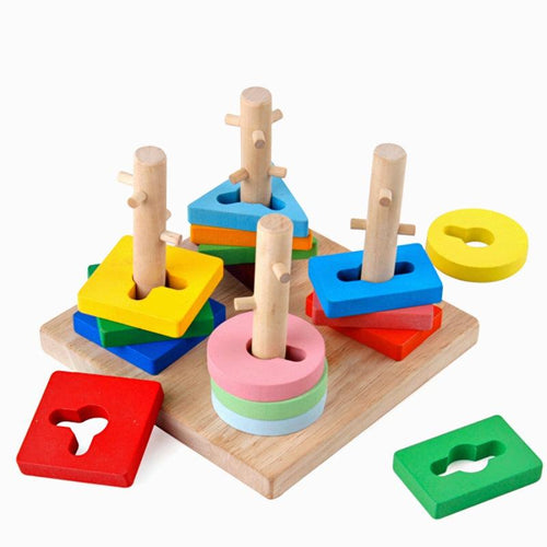 Wooden Four Sets Column, Geometric Shape Four Column Blocks